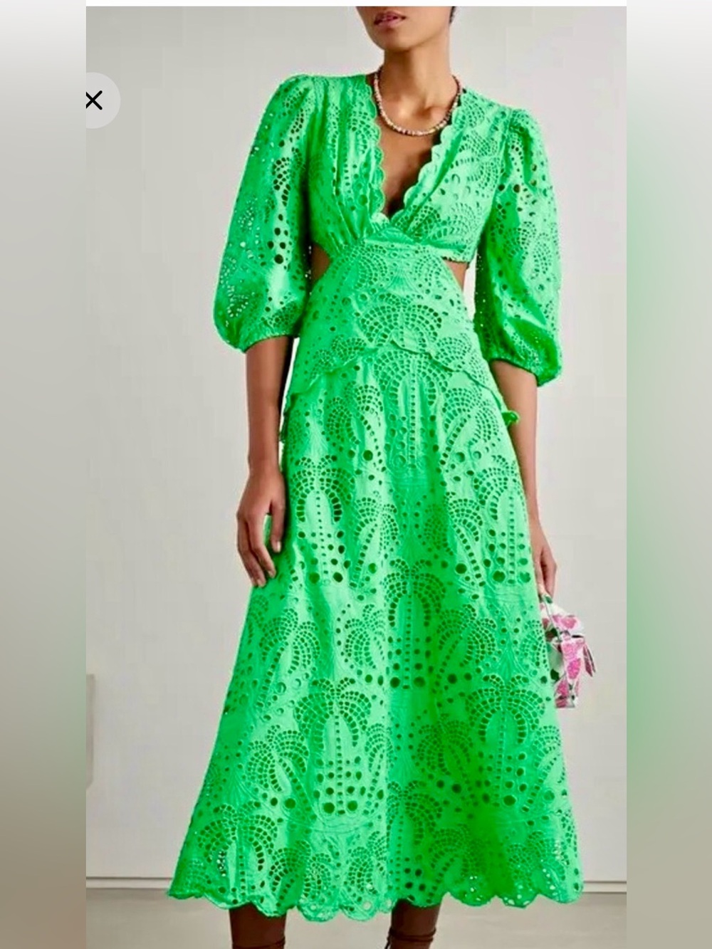 FarmRio Green Eyelet Midi Dress with Puff Sleeves